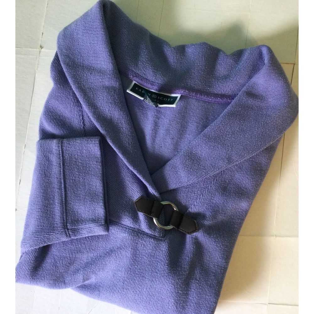 Karen Scott "sport" Womens Sweater Xl Fine Ribbed Purple Leather Closure